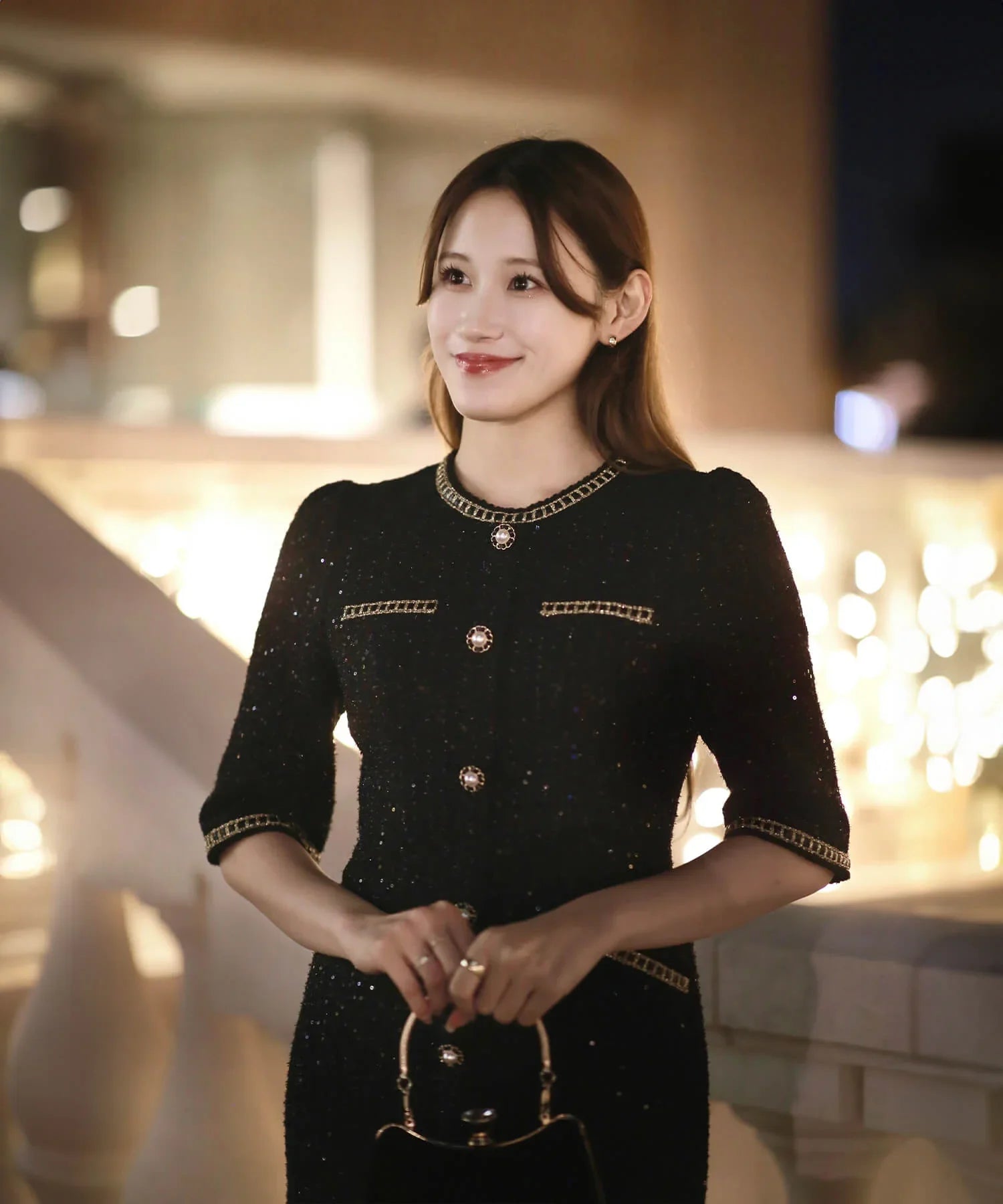 当日発送】ラメツイードレザーパイピングパールマーメイドワンピース