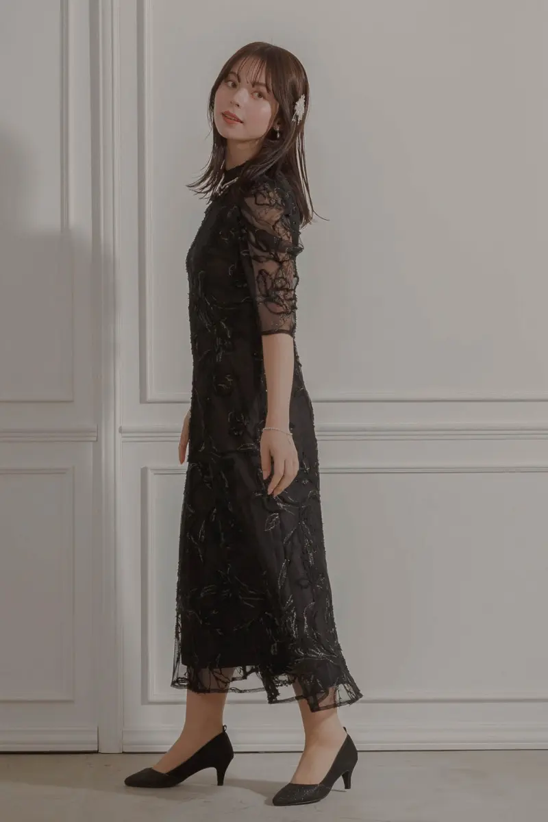 ブラックのフェザーフラワーカッティングドレス | metoi | L | 結婚式