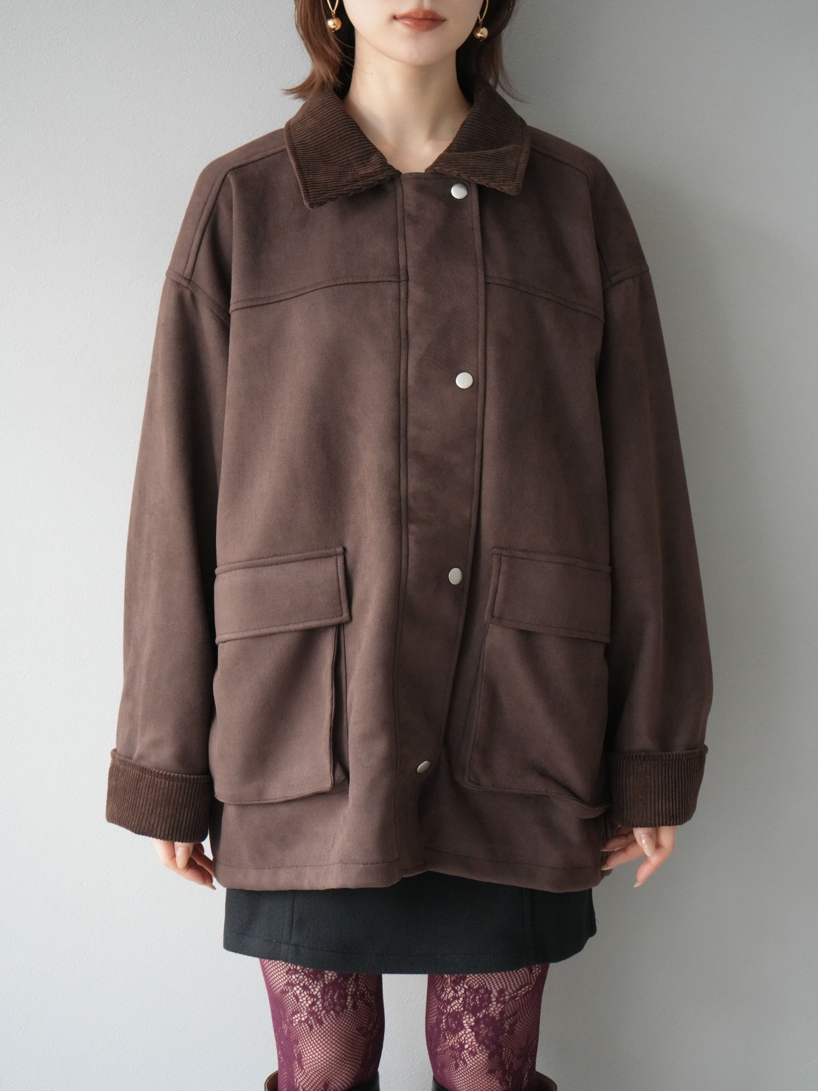 予約]コーデュロイ襟スウェードミドルジャケット /ブラウン – Lumier