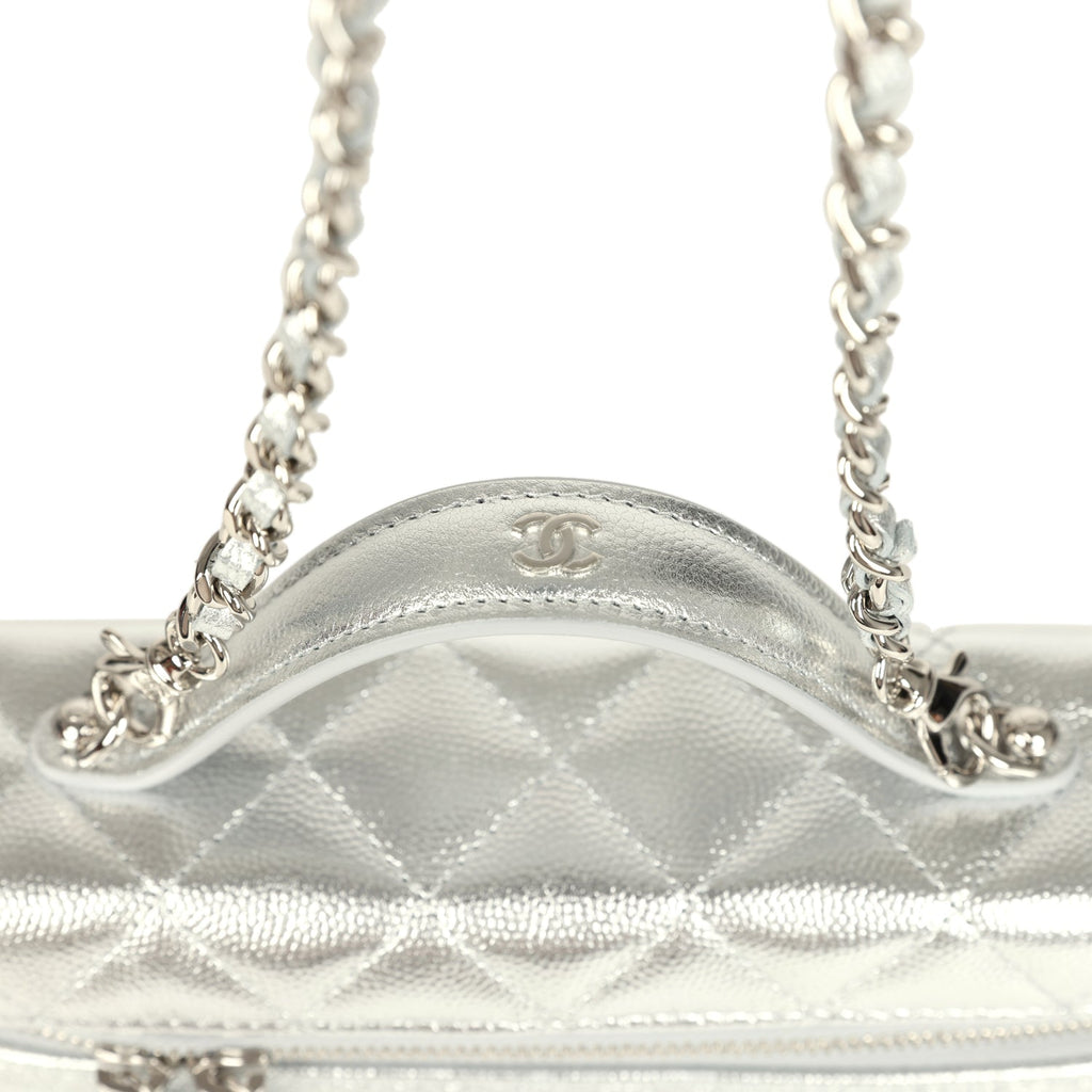 Chanel Top Handle Long Vanity Case with Chain Metallic Silver Shiny Ca