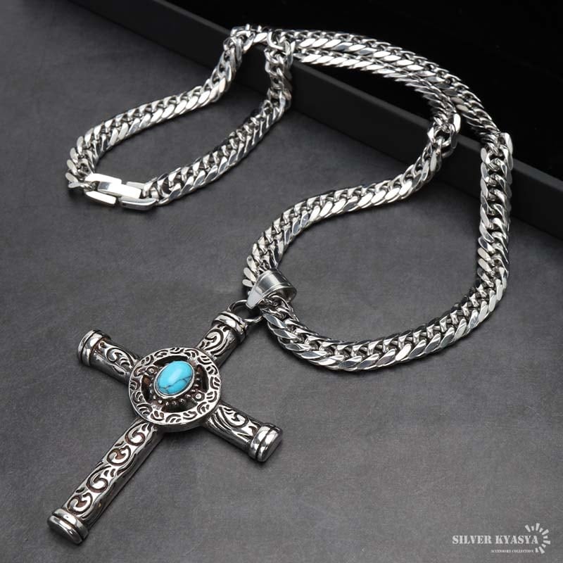 ステンレス ターコイズクロス ネックレス [nc074-n818-n348-7mm