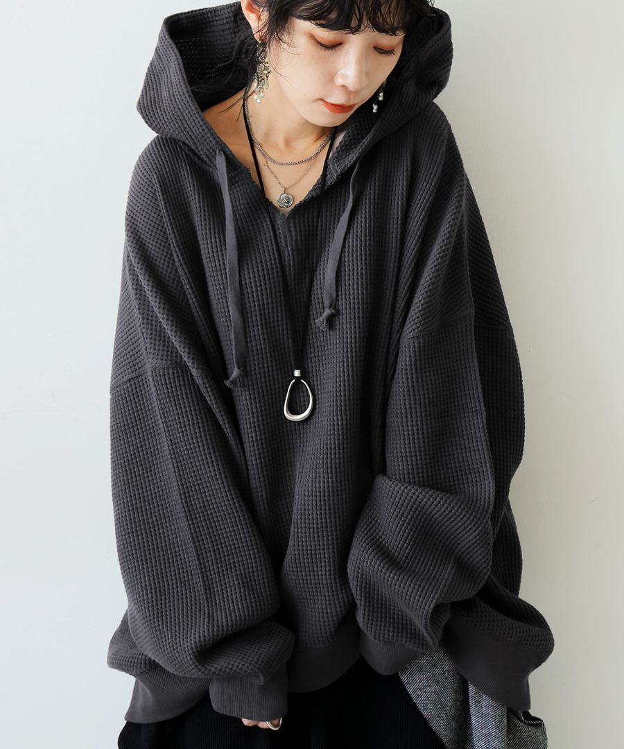 ガゼット風ネックフーディー レディース 鬼ワッフル 送料無料・再入荷