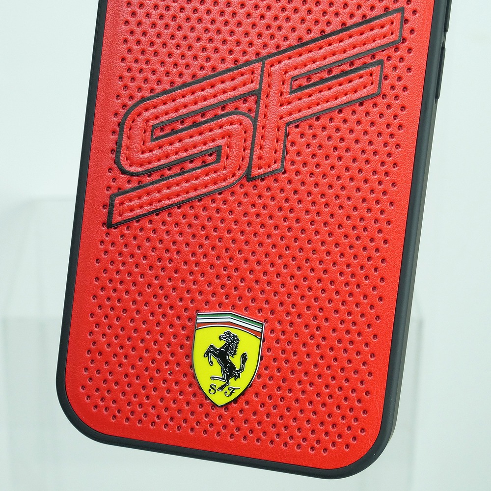 フェラーリ iPhone 15 PUレザー バックカバー ビッグ SF レッド