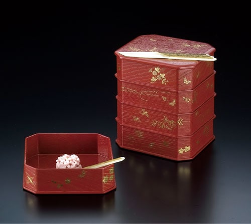 茶道具 菓子器】 縁高重 朱塗 花鳥 淡々斎好写 中村湖彩作 | 菓子器