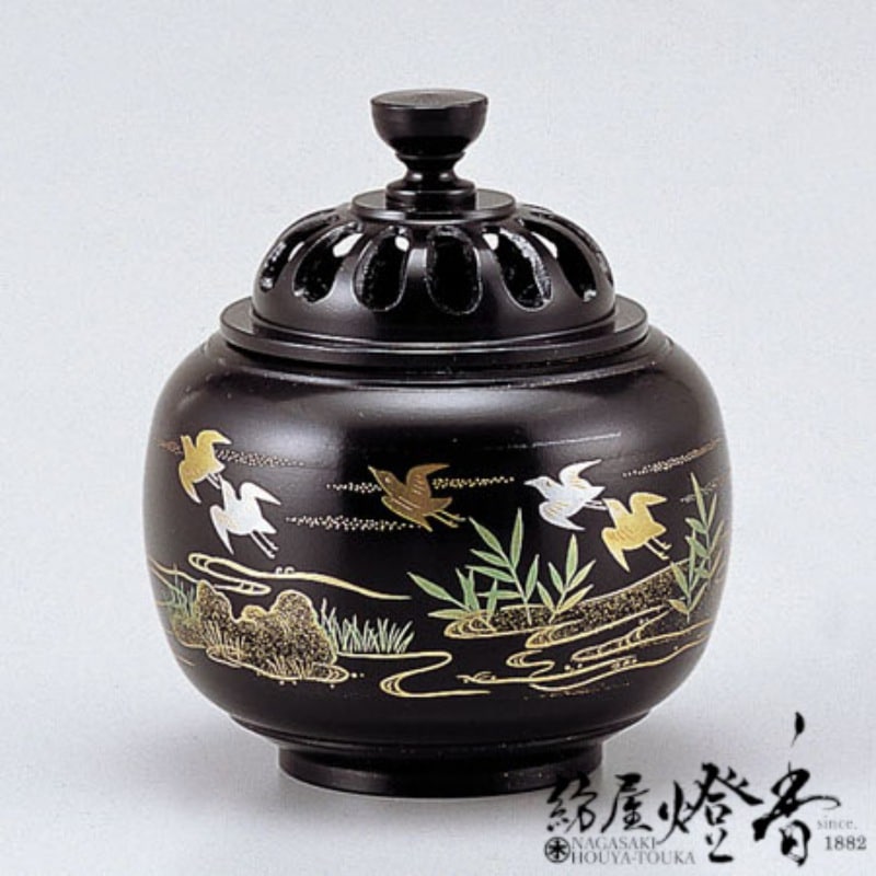 香炉/香器『高岡銅器【玉胴型香炉/波千鳥/蒔絵】銅製[空焚き用]』竹中