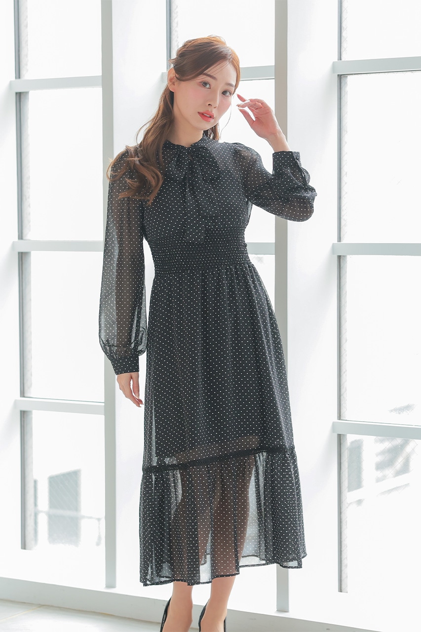 ウエストシャーリングシフォンドレス CF032BK ｜パーティードレス