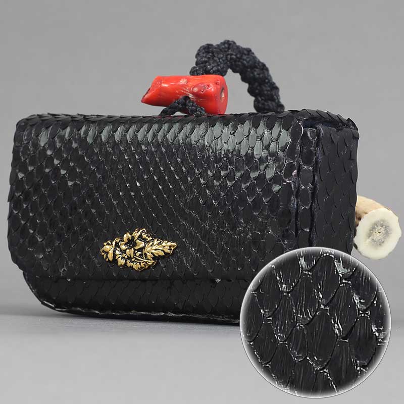 一本吊-特別仕様・腰下タバコケース【パイソン（ヘビ革）黒】祭用品