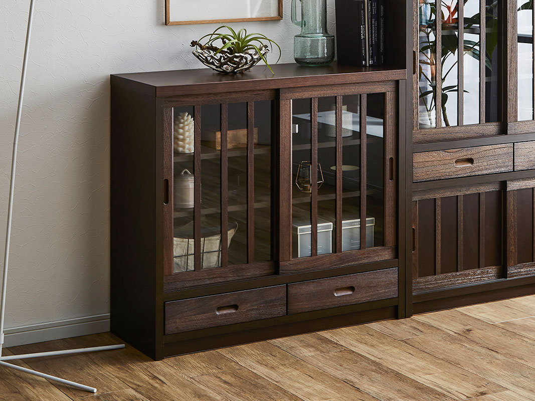 和風キャビネット サイドボード 鎌倉 幅90 茶褐色 黒茶色 食器棚 家具