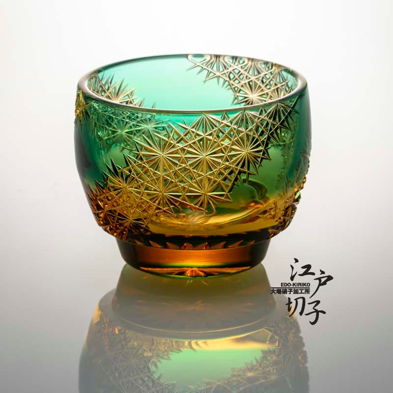 江戸切子 ペアグラス｜江戸切子通販｜猪口 光る宙 緑／琥珀