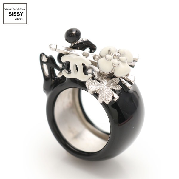 □シャネル□ ココマーク カメリア リング 指輪 黒 アイボリー 13K 約