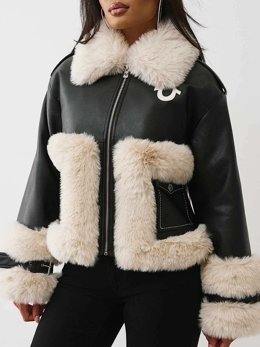 EMBROIDERED FAUX LEATHER FUR JACKET