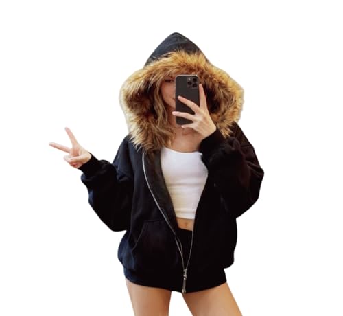 HOHOPEACH Y2k Zip Up Hoodie Fur Jackets Winter Coats Teen Emo