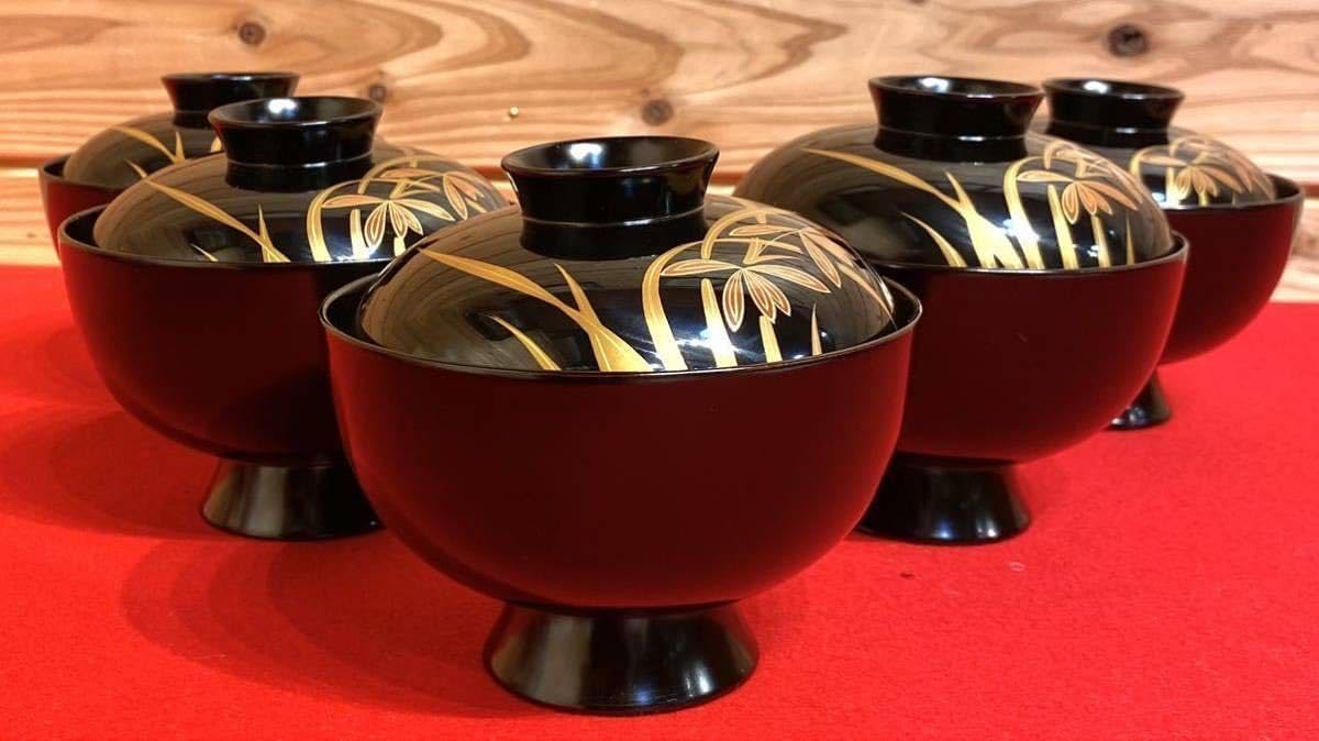 未使用 懐石道具 木製黒真塗り 本堅地 松蒔絵 吸物椀 5客揃え 和食器
