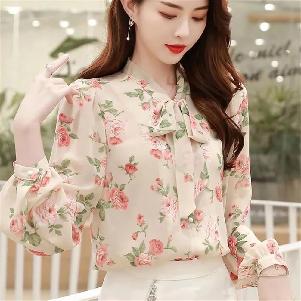 Amazon.com: Women's Bow Tie Neck Pink Floral Chiffon Blouse Top