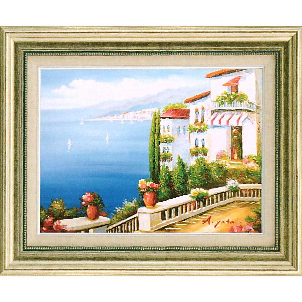 Amazon.co.jp: 矢田晃 青い海のテラス F6号 受注制作 油彩画 油絵 風景