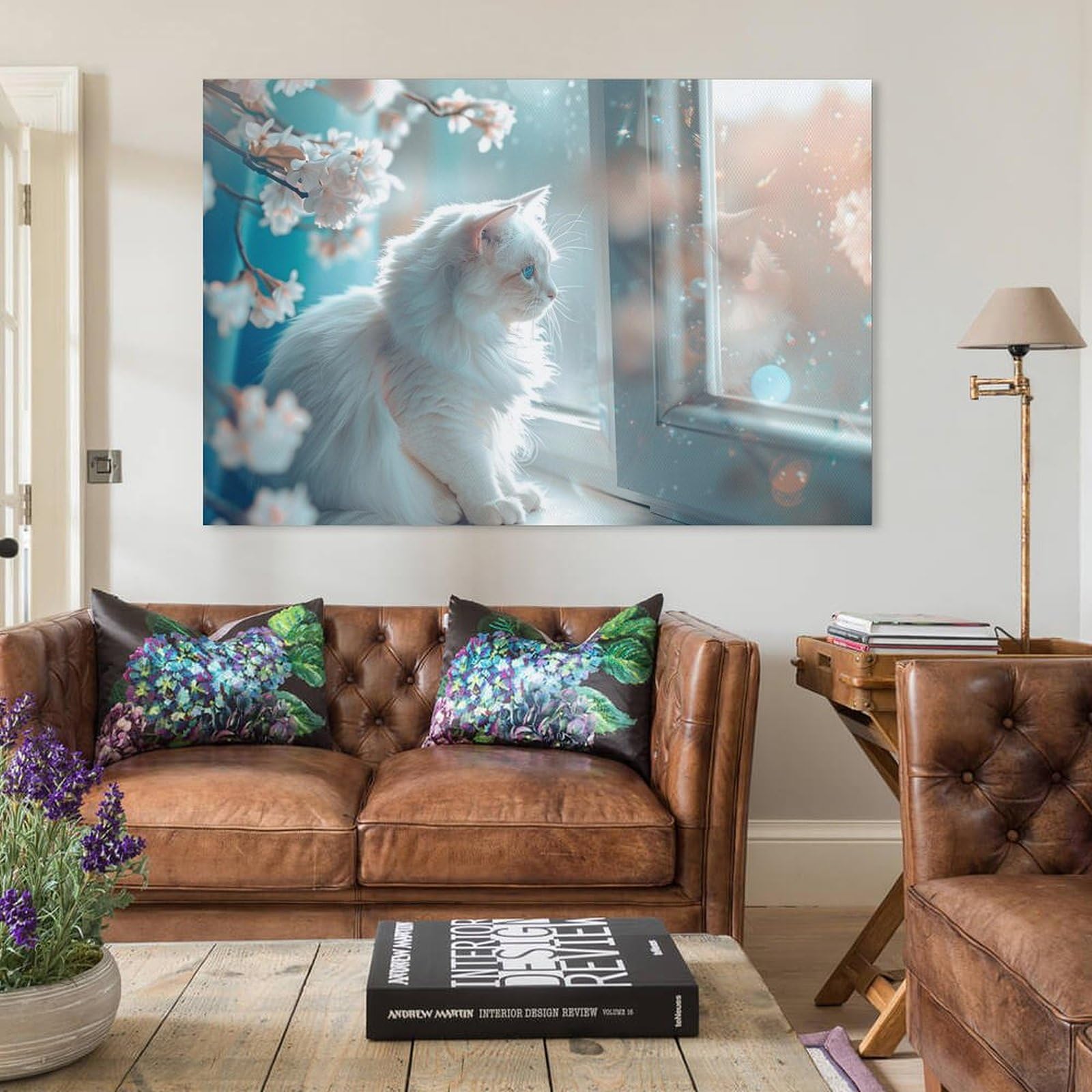 Amazon.co.jp: 絵画 長い毛皮のような髪と青い目をした白猫が窓の外を