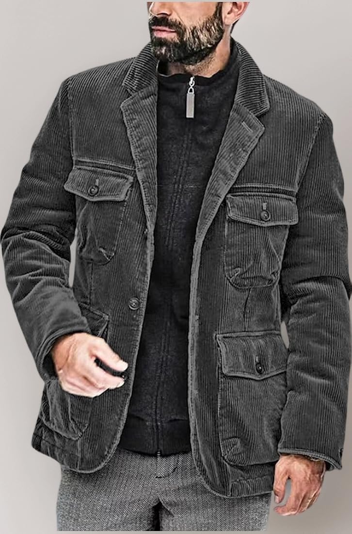 Buy chouyatou Men's Vintage Corduroy Notched Lapel Button Down