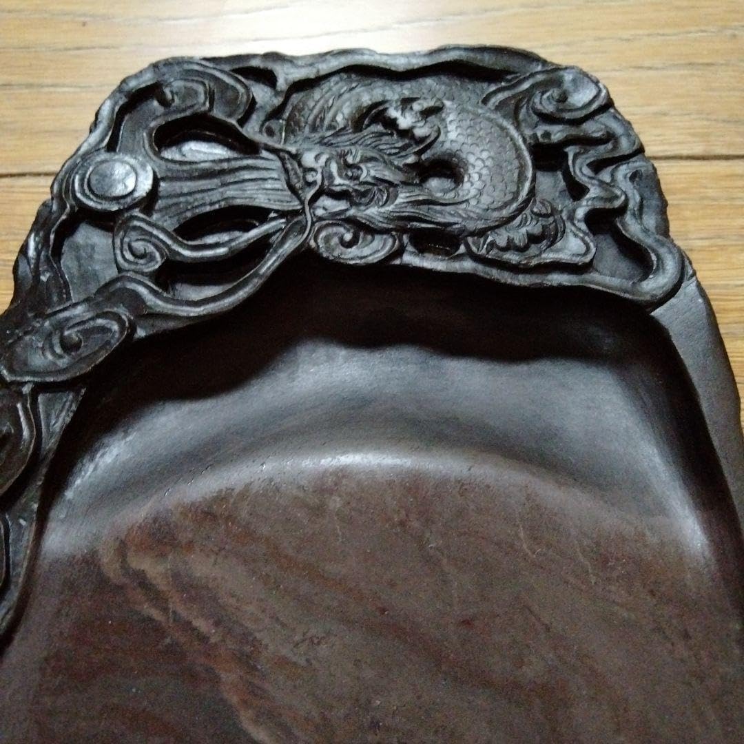 中国端溪硯石眼硯老坑龍魚彫文房四宝 年代物32cmx32x7.9cm