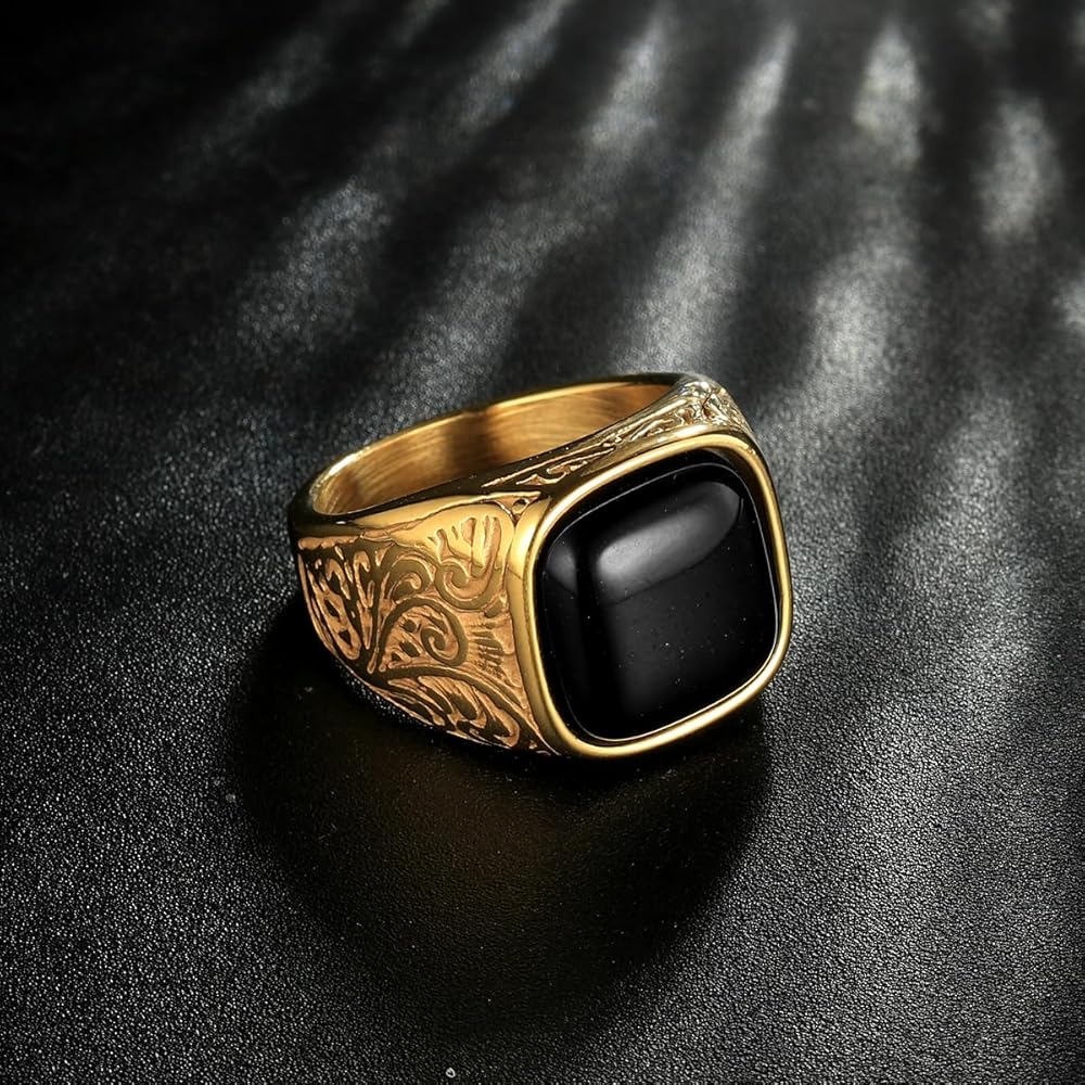 Amazon | ヴィンテージブラックオニキスリング 男性用 ステンレス