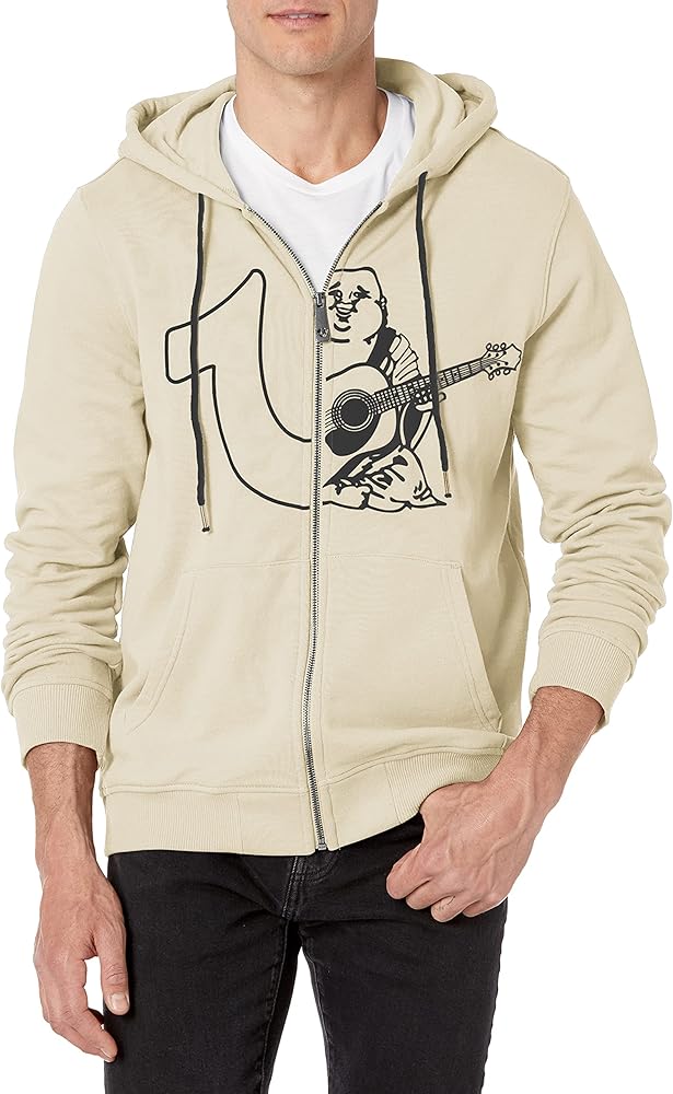True Religion mens Large Branded Long Sleeve Zip Up Hoodie, Bone