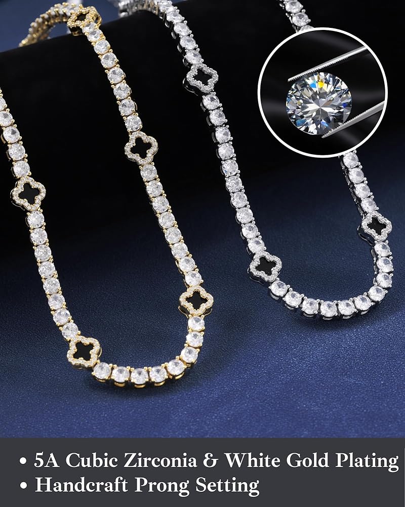 LuxeFlex 4mm Iced Out Four Leaf Tennis Chain,White Gold Plated