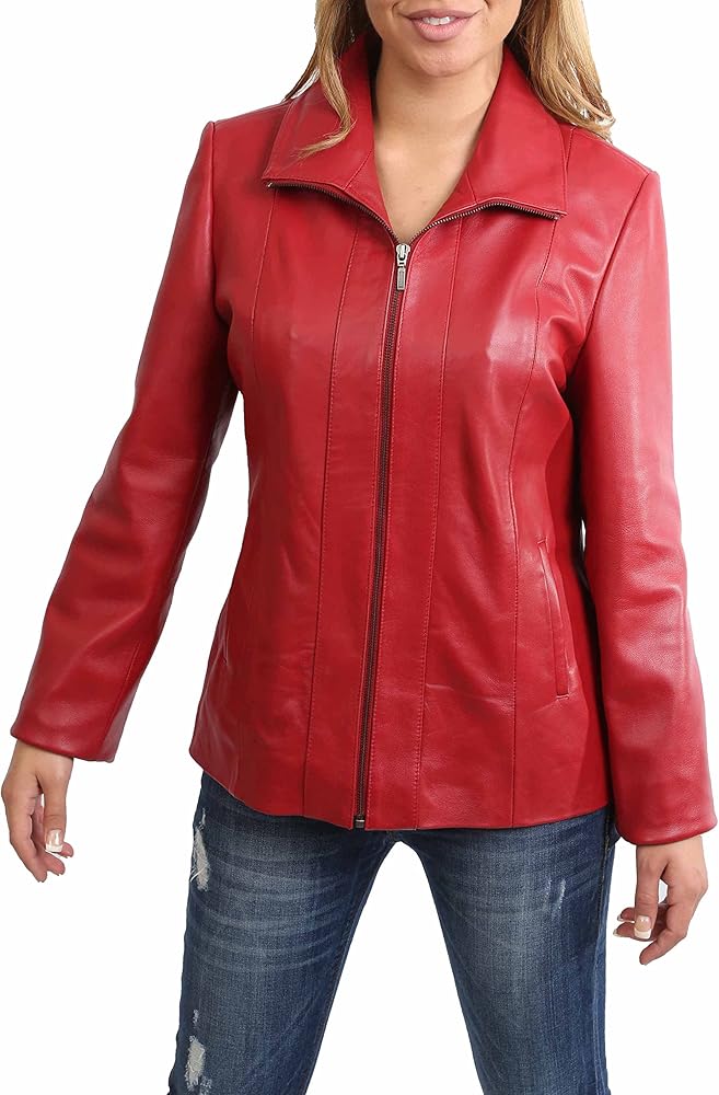 Womens Classic Zip Up Real Leather Semi Fitted Lambskin Jacket