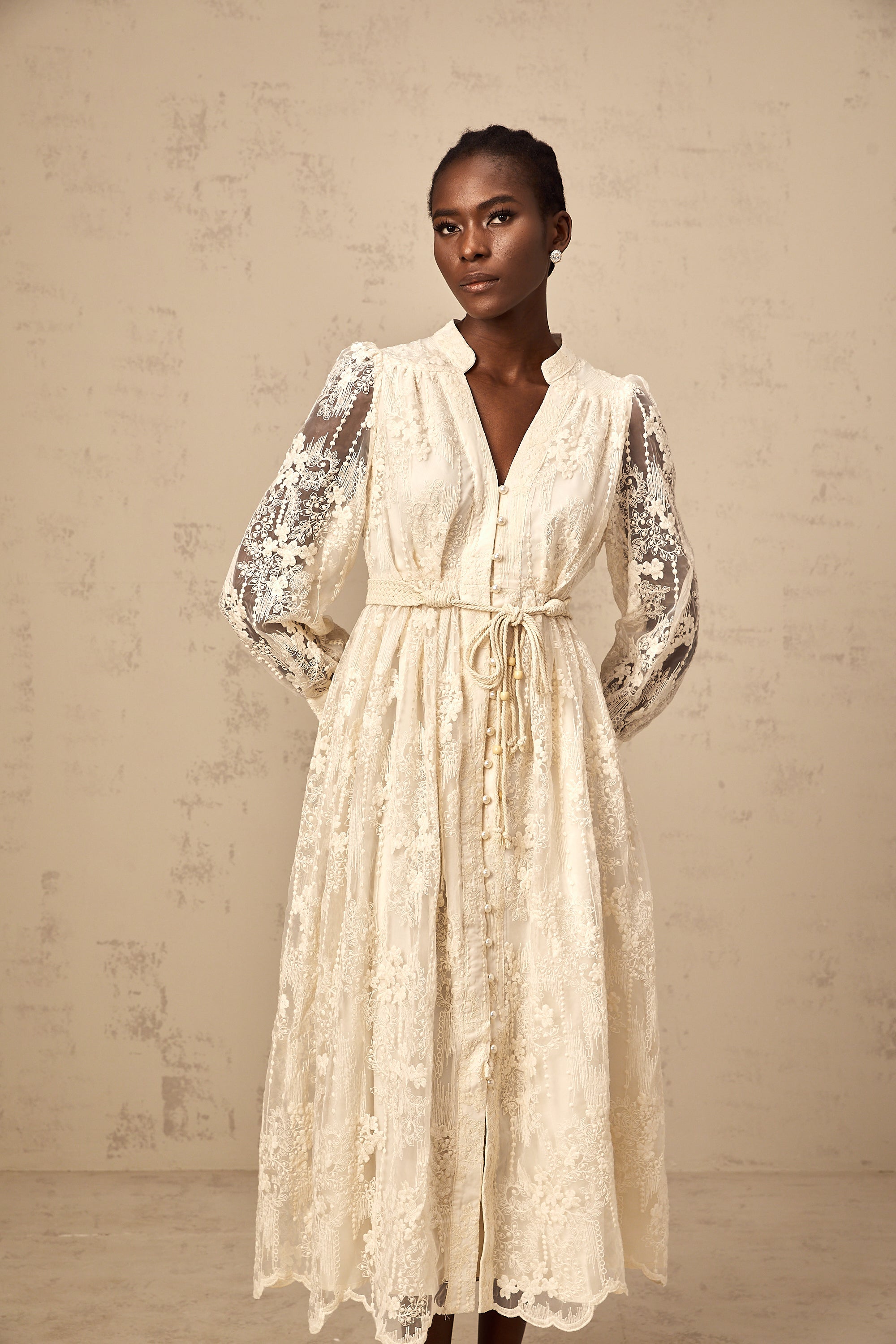 Roxane neutrals lace-embroidered midi dress