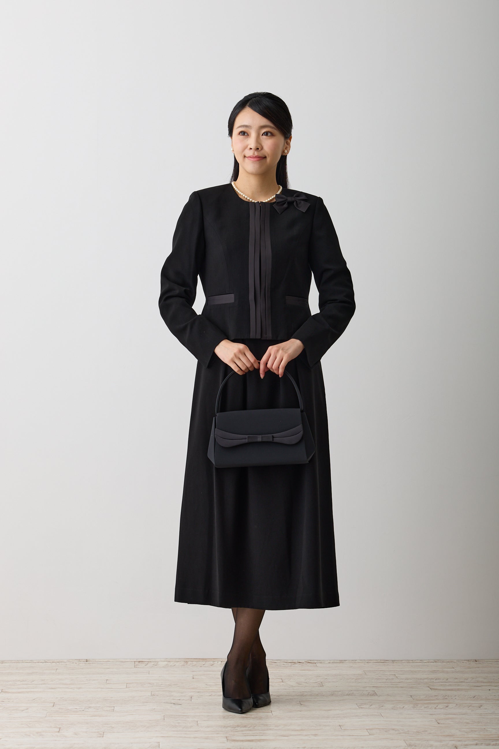 レディース喪服 ノーカラーアンサンブル サテン切替ワンピース ロング