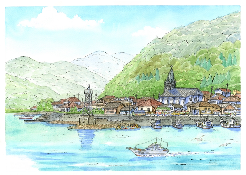 絵画の水彩画で内藤謙一が描いた熊本の絵「天草・崎津天主堂・3」をご購入