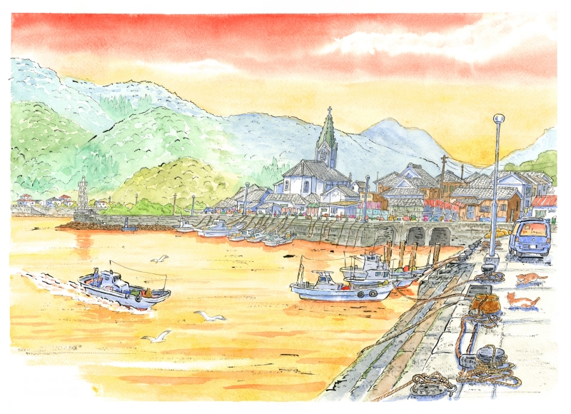 絵画の水彩画で内藤謙一が描いた熊本の絵「天草・崎津天主堂・4」をご購入