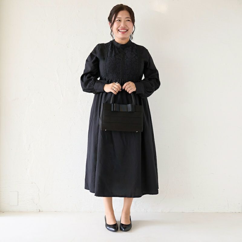 プラスサイズ レースが可愛いフォーマル長袖ワンピースドレス(ブラック
