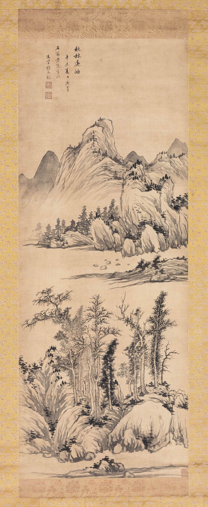 中国古美術・山水四条屏通屏画芯・黄宾虹印款・水墨画・純手描き・文房