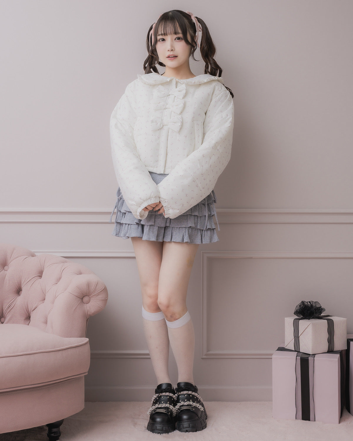 フリルカラーリボン中綿ショートコート – pium