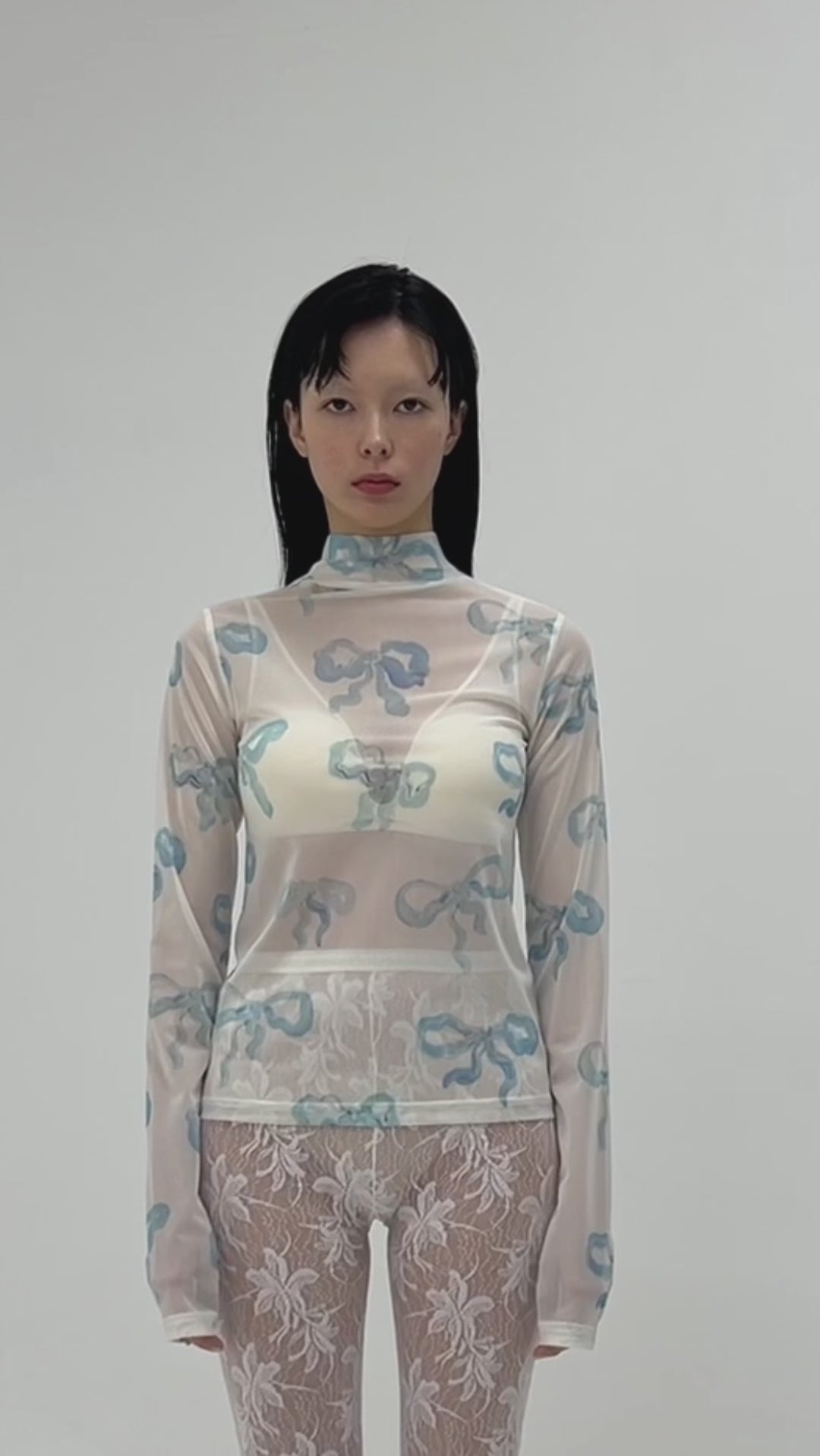 Baby blue ribbon see-through tops (High neck)