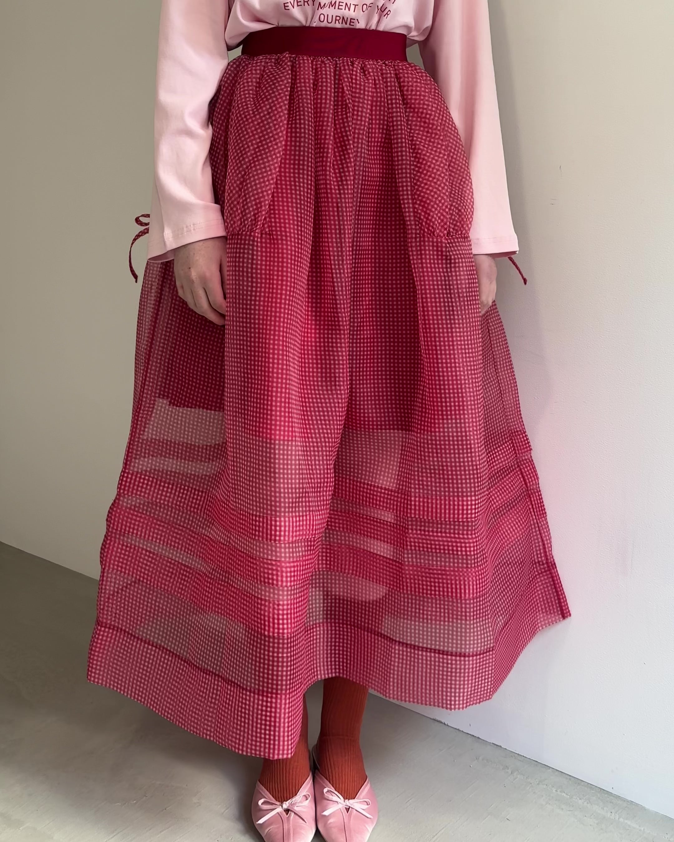 Gingham organza tuck skirt (red)