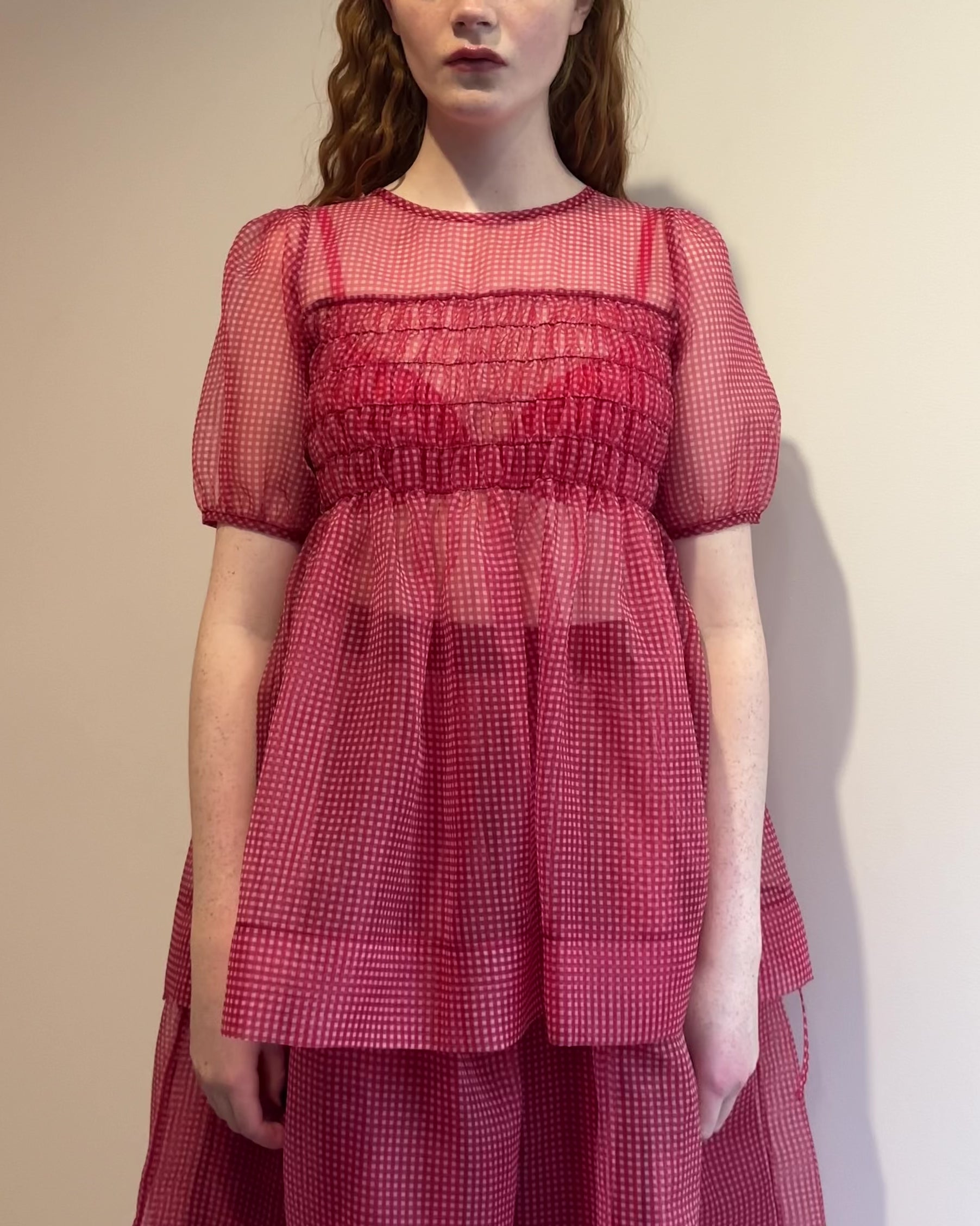 Gingham organza shirred tunic (red)