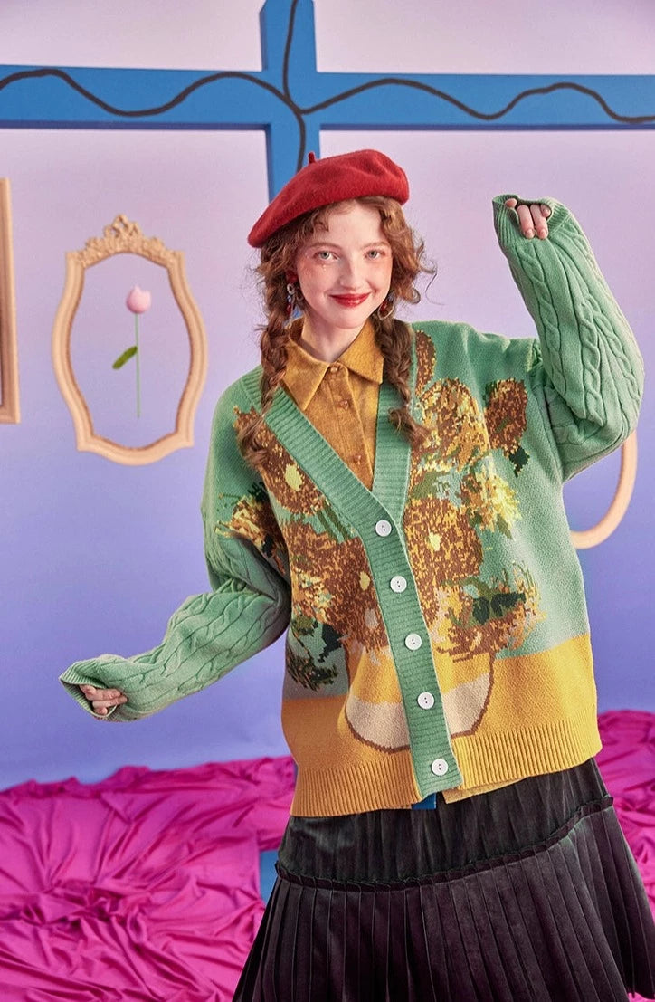 ゴッホの自画像と花瓶の向日葵のセーターカーディガン – remulia