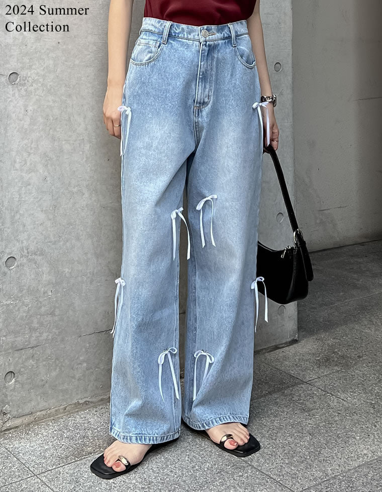 リボン付きルーズワイドデニム - パンツ通販 | 人気レディース