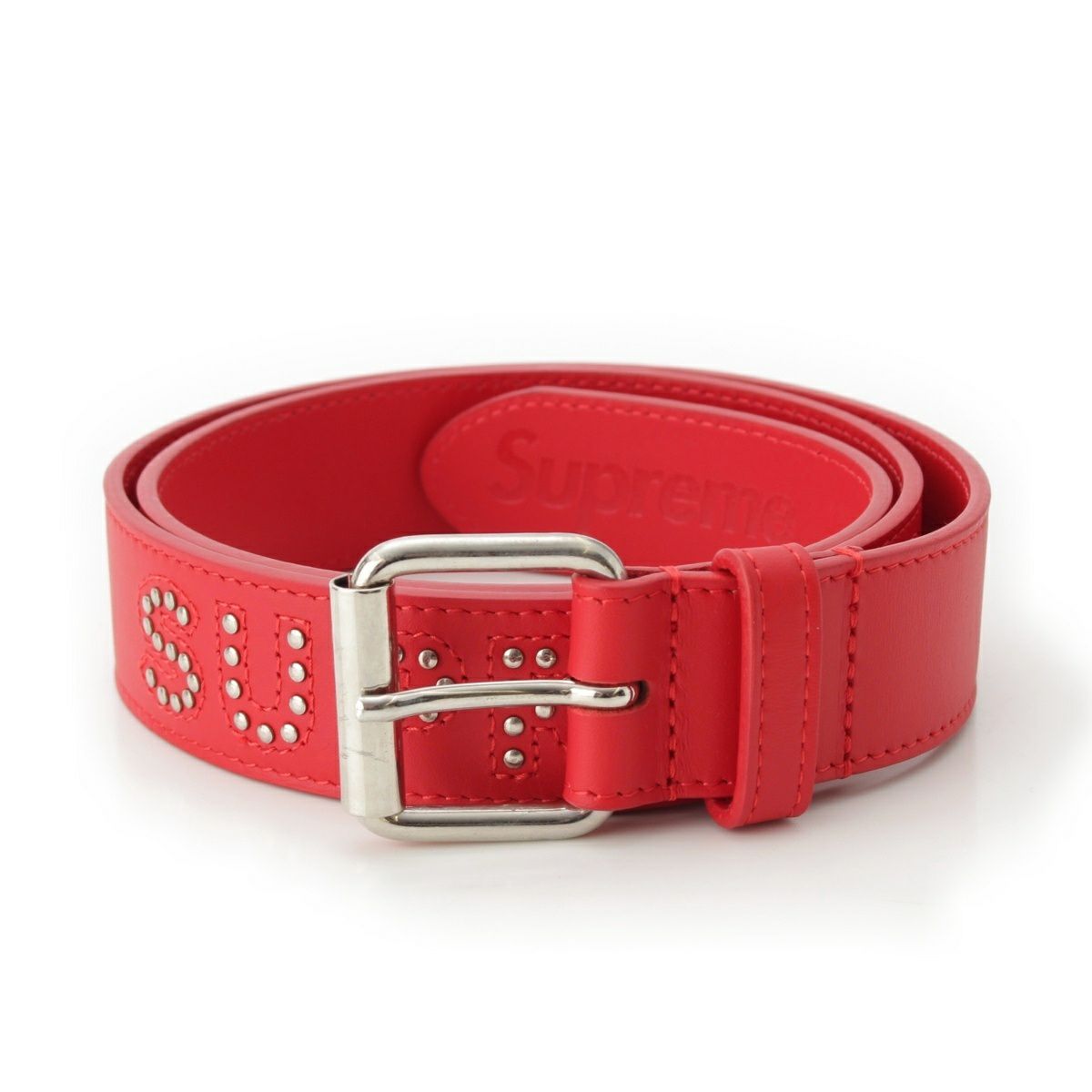 シュプリーム 18SS レザー スタッズ ロゴ ベルト レッド S/M | 中古