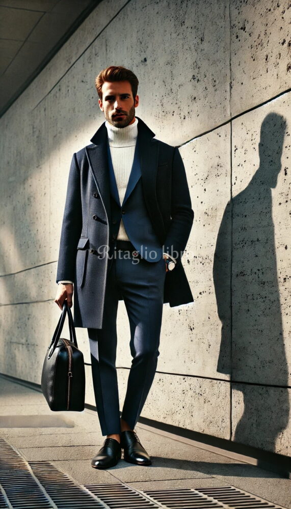 ネイビーダブルブレストコートとタートルネックの冬のモダンビジネス
