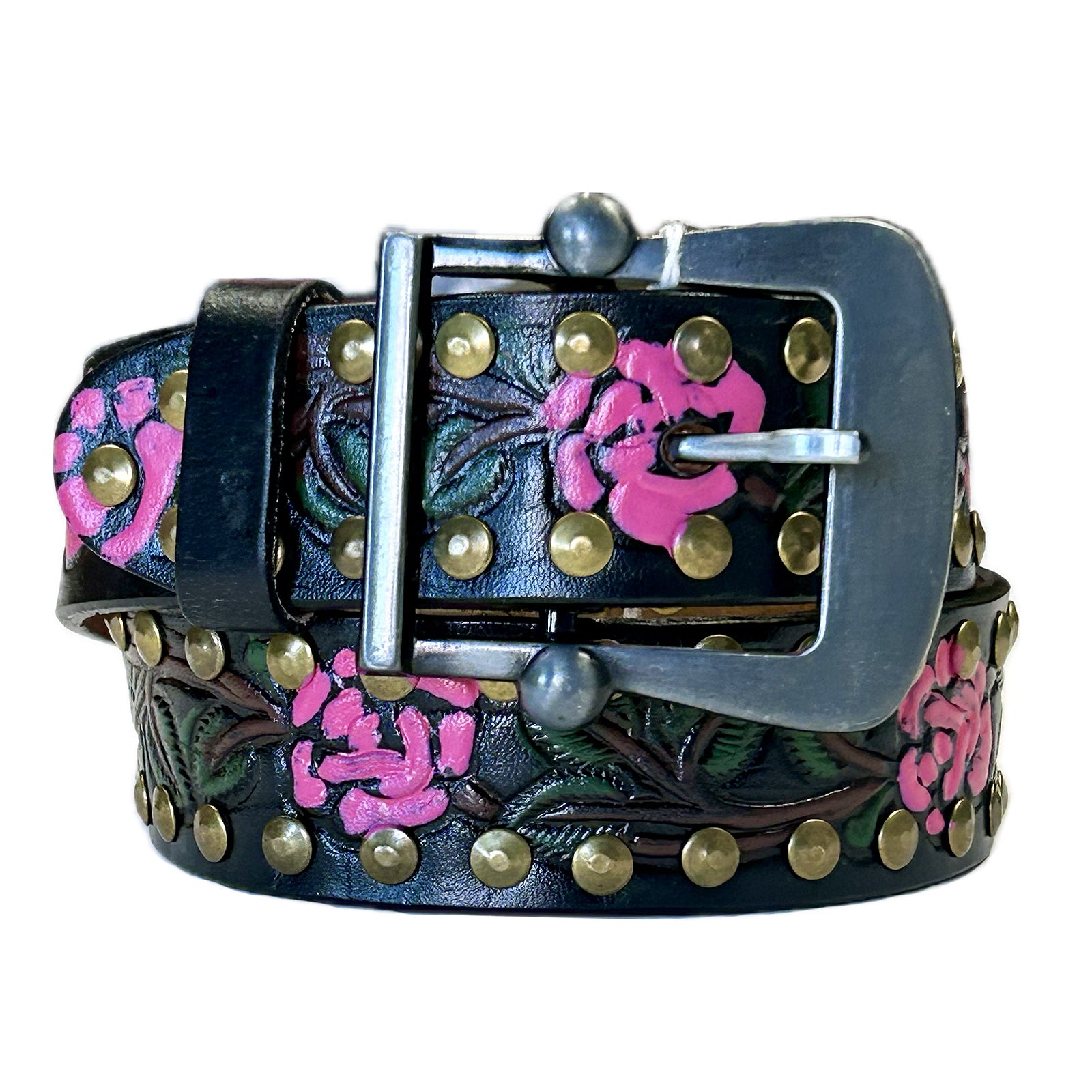 Rockmount Black Tooled Leather Belts with Pink Roses