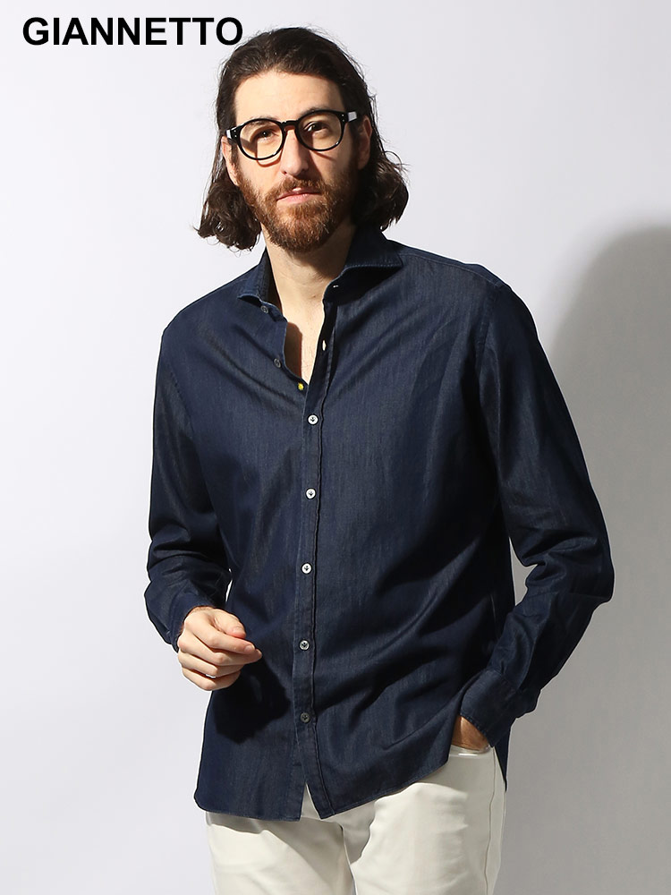 GIANNETTO (ジャンネット) コットン100% 無地 長袖 デニムシャツ