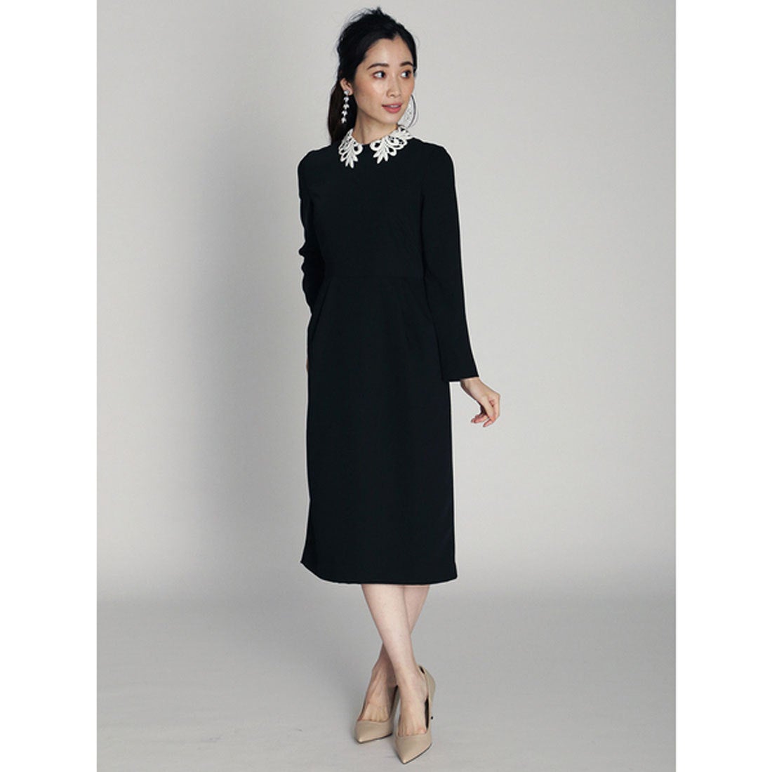 セルフォード CELFORD レース衿タックタイトワンピース （ブラック