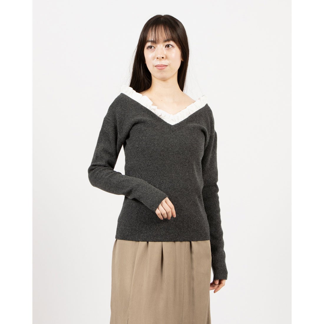 クラネ CLANE 2WAY FRILL V NECK KNIT TOPS （GRAY） - ファッション