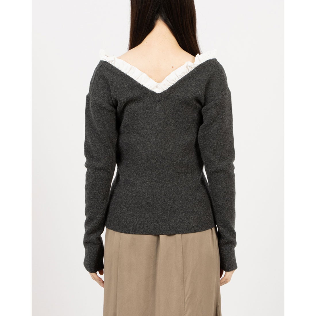 クラネ CLANE 2WAY FRILL V NECK KNIT TOPS （GRAY） - ファッション
