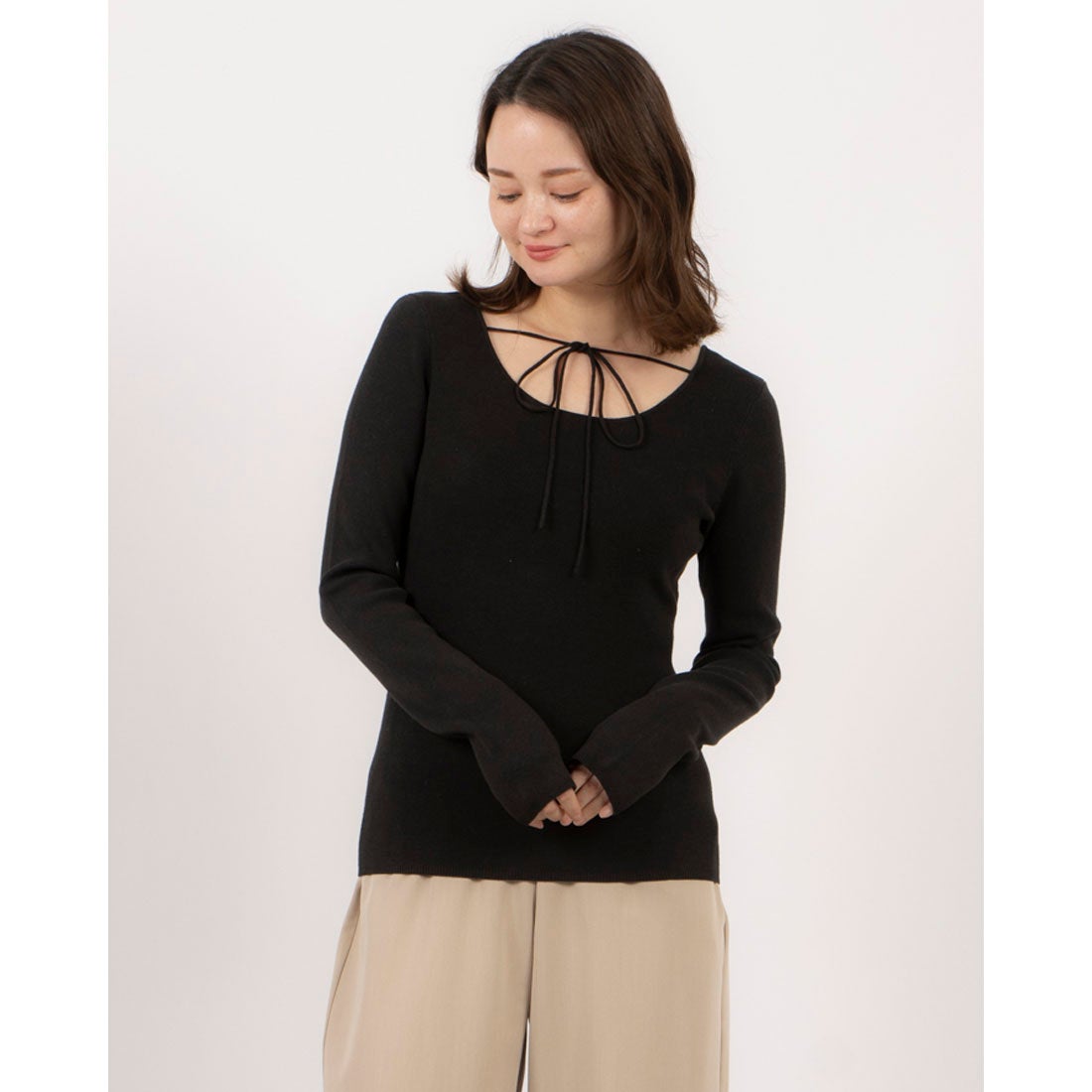 クラネ CLANE ARRANGE RIBBON KNIT TOPS （BLACK） -ファッション通販