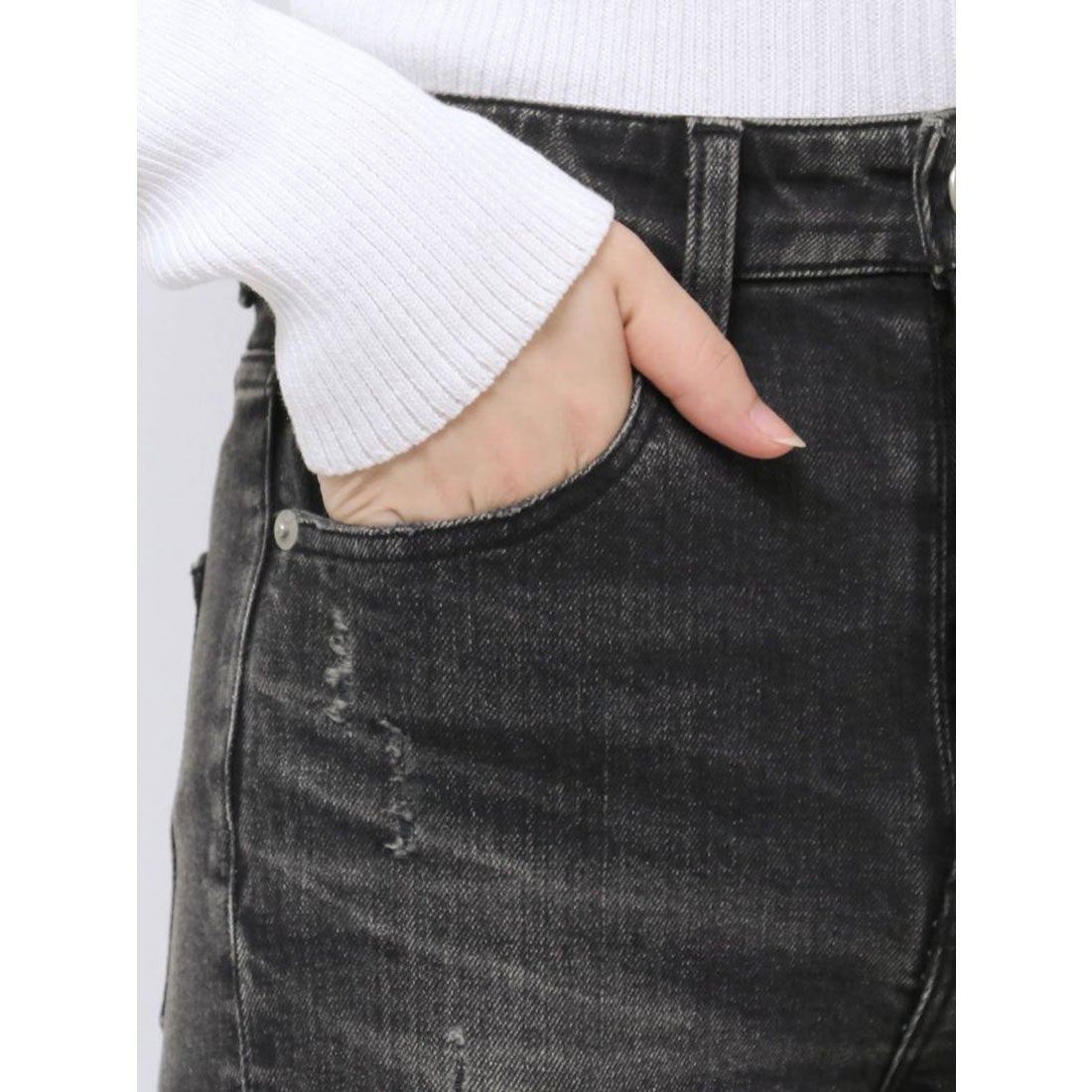 ジェイダ GYDA H/W thigh high ダメージデニムパンツ （BLK） -靴