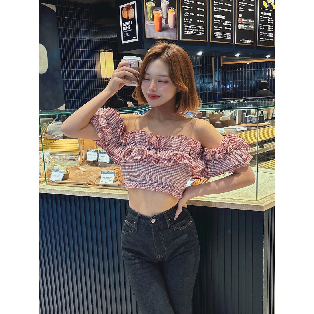 ダーリッチ Darich ギンガムチェックオフショルトップス （レッド