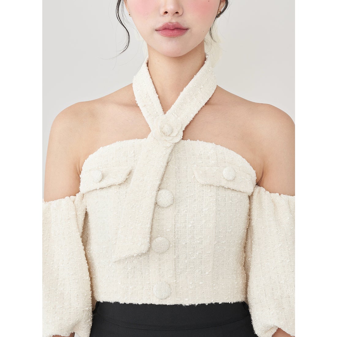 ダーリッチ Darich ホルターネックオフショルツイードトップス