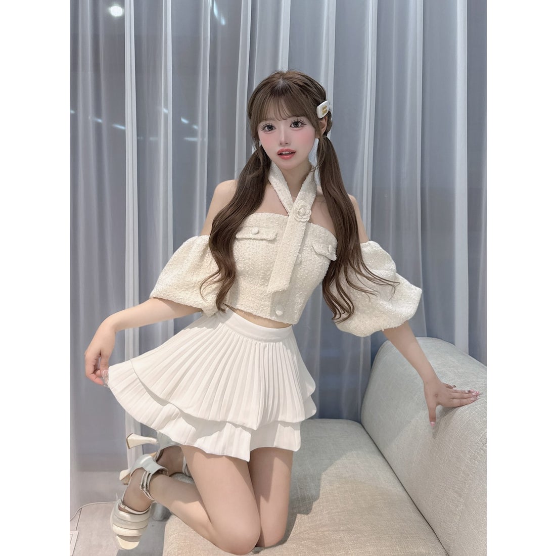 ダーリッチ Darich ホルターネックオフショルツイードトップス